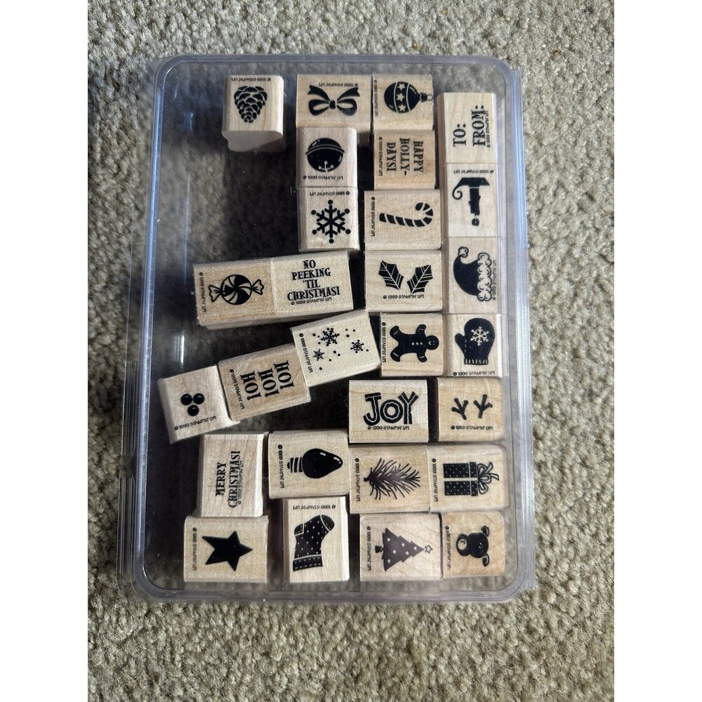 1999 Stampin Up Winter Christmas Set Of 28 Wood Mounted Rubber Stamps